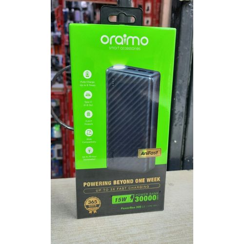 Oraimo PowerBox 300 Lit 30,000 mAh Power Bank – 15W Fast Charging, Triple Ports & LED Torch – High-Capacity Portable Charger for Phones & Gadgets in Kenya