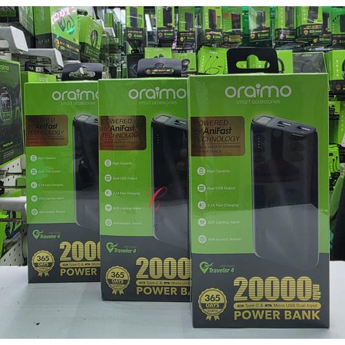 Oraimo Traveler 4 OPB‑P204D 20,000 mAh Power Bank – 2.1A Fast Charging, Dual USB Output, Type‑C & Micro‑USB Input, LED Torch – Portable Charger for Phones & Gadgets Kenya