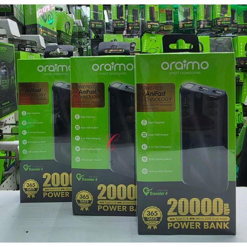 Oraimo Traveler 4 OPB‑P204D 20,000 mAh Power Bank – 2.1A Fast Charging, Dual USB Output, Type‑C & Micro‑USB Input, LED Torch – Portable Charger for Phones & Gadgets Kenya