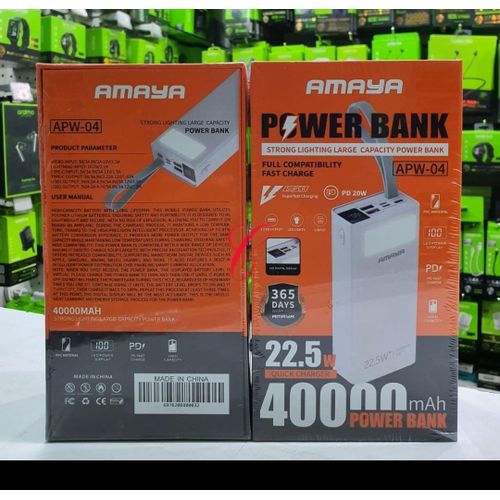 Amaya APW-04 Power Bank 40000mAh 22.5W - White
Amaya APW-04 40000mAh Power Banks , 22.5W super fast charging, LED power indicator, Built-in flashlight, Multiple Ports, safe polymer battery.