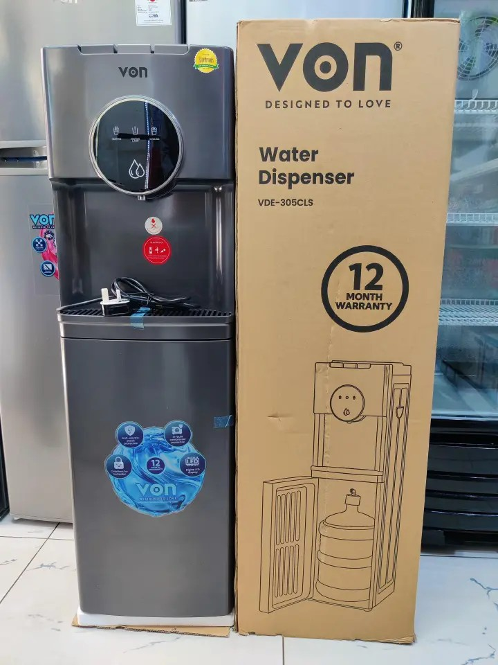 VON VDE-305CLS 3taps Bottom Load Water Dispenser Hot cold and normal with child lock and electric cooling Free Standing Von water dispenser– Silver