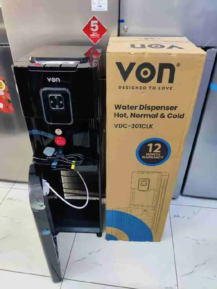 VON VDE-305CLS 3taps Bottom Load Water Dispenser Hot cold and normal with child lock and electric cooling Free Standing Von water dispenser– Silver