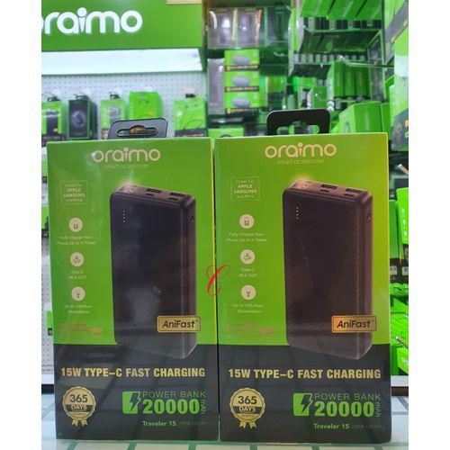 Oraimo Traveler 15 OPB-1201P 20000mAh Power Bank, 15W Fast Charging, USB-C Two Way Charging, Dual Output Portable Charger, Long Battery Life Kenya