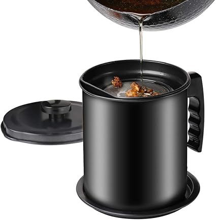 Container with Fine Mesh Strainer, 1.5 Iron Cooking Oil with Removable Tray for Kitchen Fat Storage