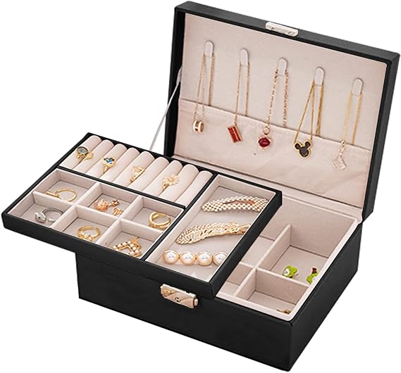 Jewelry Box 2 Layer PU leather Organizer With Lid Rings Earrings Necklace Holder Case Classified Jewelry Organizer for Women Girls Jewelry Storage Box