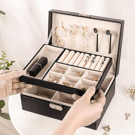 Jewelry Box 2 Layer PU leather Organizer With Lid Rings Earrings Necklace Holder Case Classified Jewelry Organizer for Women Girls Jewelry Storage Box