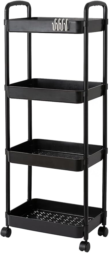 4 Tier Rolling Cart with Wheels and Handle,Rolling Storage Cart for Office, Living Room, Laundry Room,Kitchen,Bathroom,Black fruits and vegetable rack
