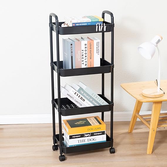 4 Tier Rolling Cart with Wheels and Handle,Rolling Storage Cart for Office, Living Room, Laundry Room,Kitchen,Bathroom,Black fruits and vegetable rack