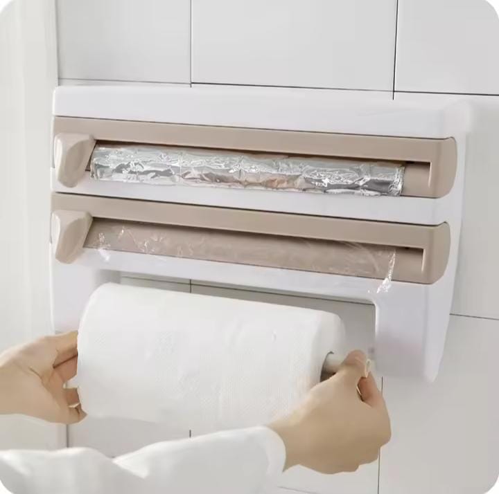 Multifunctional Storage Cutting Rack,4-in-1 Wall-Mount Sauce Bottle Storage Holder, Multi-Function Kitchen Plastic Wrap Cling Film Foil Dispenser with Spice Rack, Household Kitchen Tool Rack