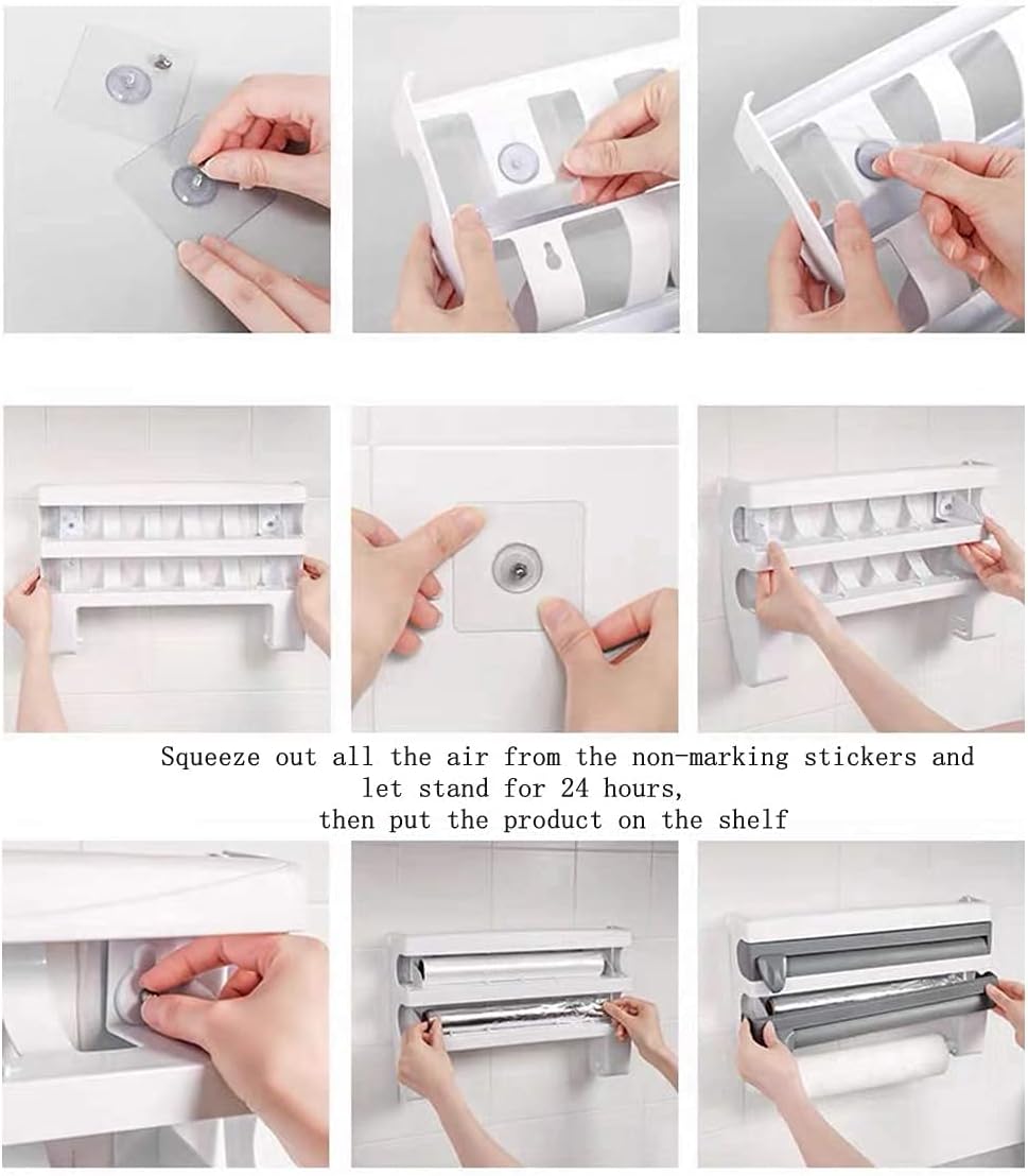 Multifunctional Storage Cutting Rack,4-in-1 Wall-Mount Sauce Bottle Storage Holder, Multi-Function Kitchen Plastic Wrap Cling Film Foil Dispenser with Spice Rack, Household Kitchen Tool Rack