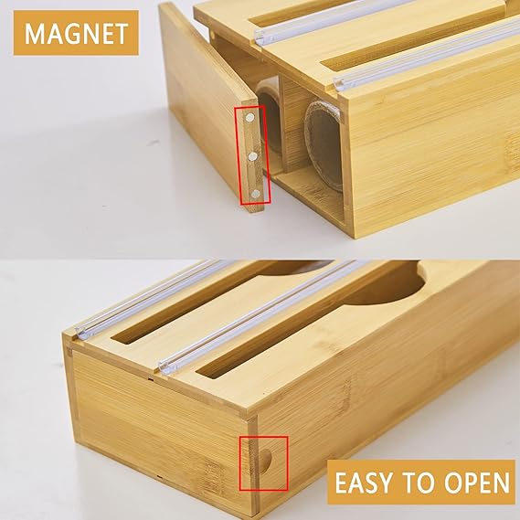 Wrap Dispenser with Slide Cutter Bamboo Plastic Wrap Dispenser Foil and Plastic Wrap Organizer for Kitchen Drawer,Plastic Wrap, Aluminum Foil and Wax Paper Dispenser Compatible with 12" Roll