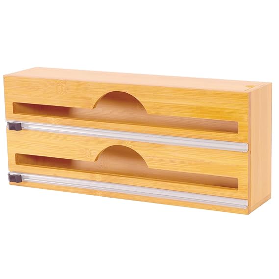 Wrap Dispenser with Slide Cutter Bamboo Plastic Wrap Dispenser Foil and Plastic Wrap Organizer for Kitchen Drawer,Plastic Wrap, Aluminum Foil and Wax Paper Dispenser Compatible with 12" Roll