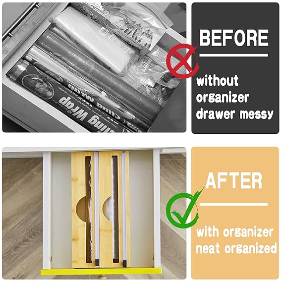 Wrap Dispenser with Slide Cutter Bamboo Plastic Wrap Dispenser Foil and Plastic Wrap Organizer for Kitchen Drawer,Plastic Wrap, Aluminum Foil and Wax Paper Dispenser Compatible with 12" Roll