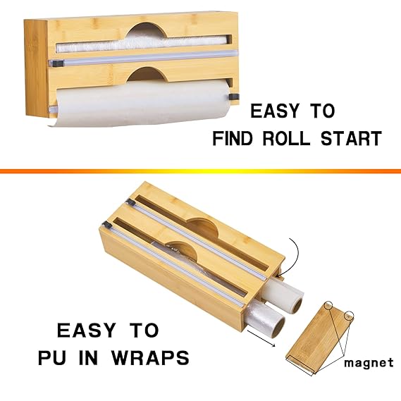 Wrap Dispenser with Slide Cutter Bamboo Plastic Wrap Dispenser Foil and Plastic Wrap Organizer for Kitchen Drawer,Plastic Wrap, Aluminum Foil and Wax Paper Dispenser Compatible with 12" Roll