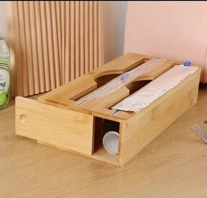 Wrap Dispenser with Slide Cutter Bamboo Plastic Wrap Dispenser Foil and Plastic Wrap Organizer for Kitchen Drawer,Plastic Wrap, Aluminum Foil and Wax Paper Dispenser Compatible with 12" Roll