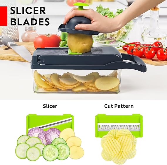 16-Piece Kitchen Vegetable Chopper High-Performance Mandoline Vegetable Slicer & Dicer with Stainless Steel Blades-Peeler-Hand Guard and Brushes|Veg,Salad Complete Food Cutter Set