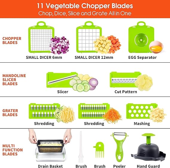 16-Piece Kitchen Vegetable Chopper High-Performance Mandoline Vegetable Slicer & Dicer with Stainless Steel Blades-Peeler-Hand Guard and Brushes|Veg,Salad Complete Food Cutter Set