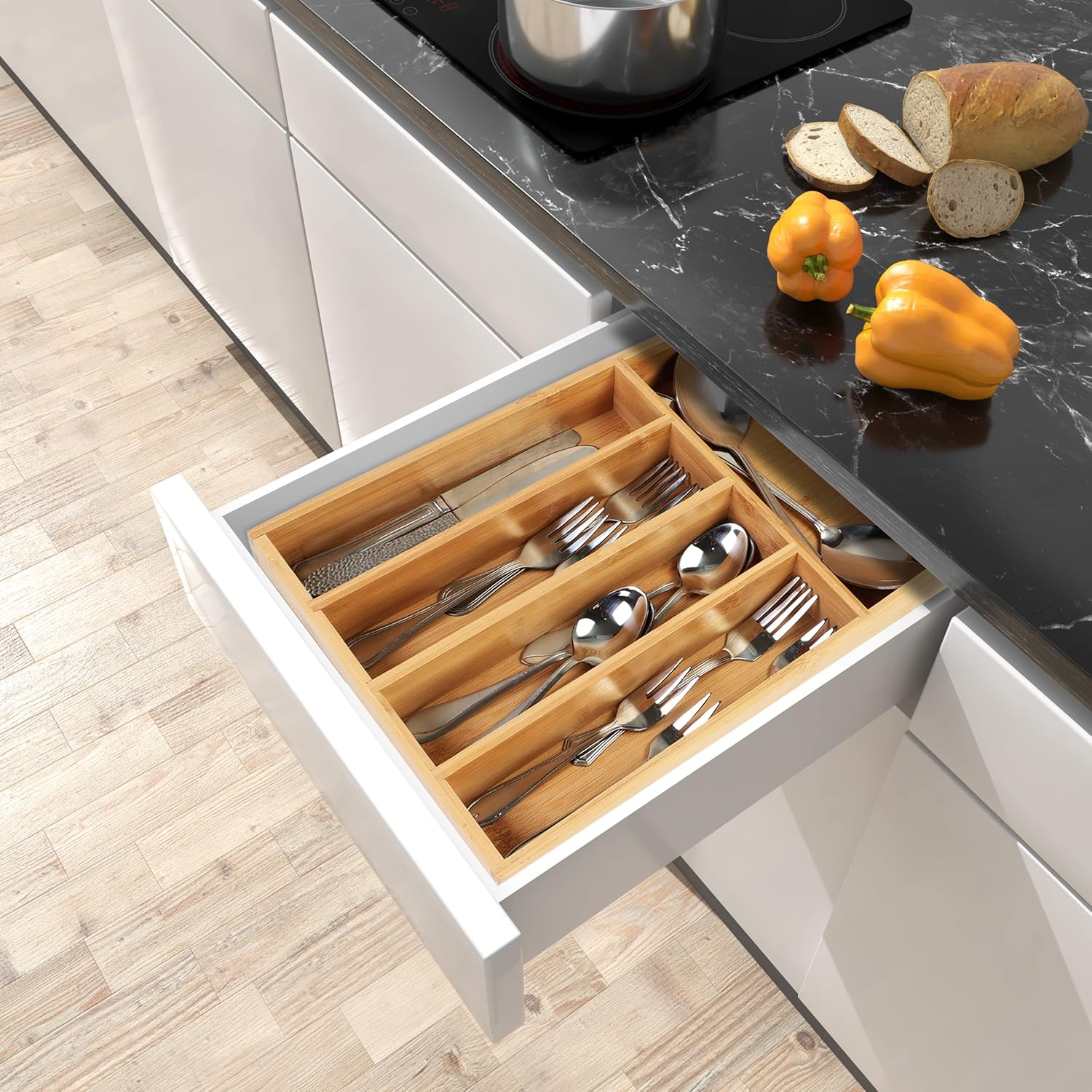 size 33x24x4cm dining 5 slot bamboo cutlery organizer  Bamboo Drawer Organizer 5 Compartments Bamboo Drawer Box Divided Drawer Silverware Tray Kitchen Drawer Organizer Tray Bamboo Cutlery Tray