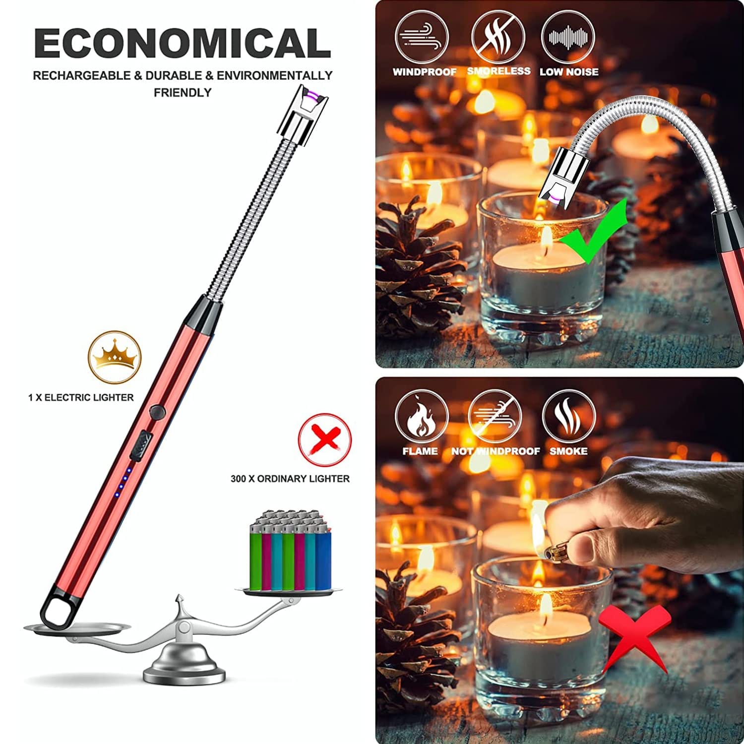 𝑼𝑷𝑮𝑹𝑨𝑫𝑬𝑫 𝑽𝑬𝑹𝑺𝑰𝑶𝑵: USB BBQ Lighter with Rechargeable USB Cable with Flexible Goose Neck, Safety Switch LED Battery Indicator for Candle, Gas Stove, Grill, Camping, Multicolor 1 Pcs
