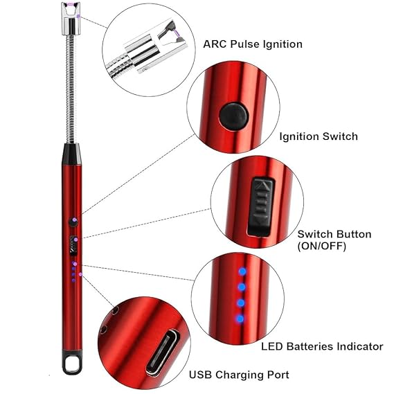 𝑼𝑷𝑮𝑹𝑨𝑫𝑬𝑫 𝑽𝑬𝑹𝑺𝑰𝑶𝑵: USB BBQ Lighter with Rechargeable USB Cable with Flexible Goose Neck, Safety Switch LED Battery Indicator for Candle, Gas Stove, Grill, Camping, Multicolor 1 Pcs