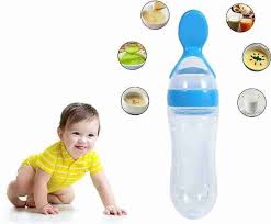 90ml Baby Silicone Squeeze Feeder with Food Dispensing Spoon Cereal Feeding Bottle for Infant Green Airtight Food Storage Containers 90ml (Blue)