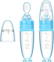 90ml Baby Silicone Squeeze Feeder with Food Dispensing Spoon Cereal Feeding Bottle for Infant Green Airtight Food Storage Containers 90ml (Blue)