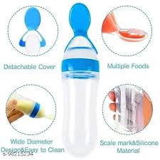 90ml Baby Silicone Squeeze Feeder with Food Dispensing Spoon Cereal Feeding Bottle for Infant Green Airtight Food Storage Containers 90ml (Blue)