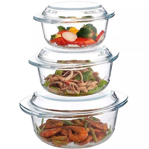 Signature 3 Pcs Glass Casserole Serving Bowl Set.Glass casserole set with lids in graduated sizes. 
Microwave, dishwasher and freezer safe. 
Oven proof.
Nice Dinner Food serving dish with glass lid.