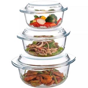 Signature 3 Pcs Glass Casserole Serving Bowl Set.Glass casserole set with lids in graduated sizes. 
Microwave, dishwasher and freezer safe. 
Oven proof.
Nice Dinner Food serving dish with glass lid.