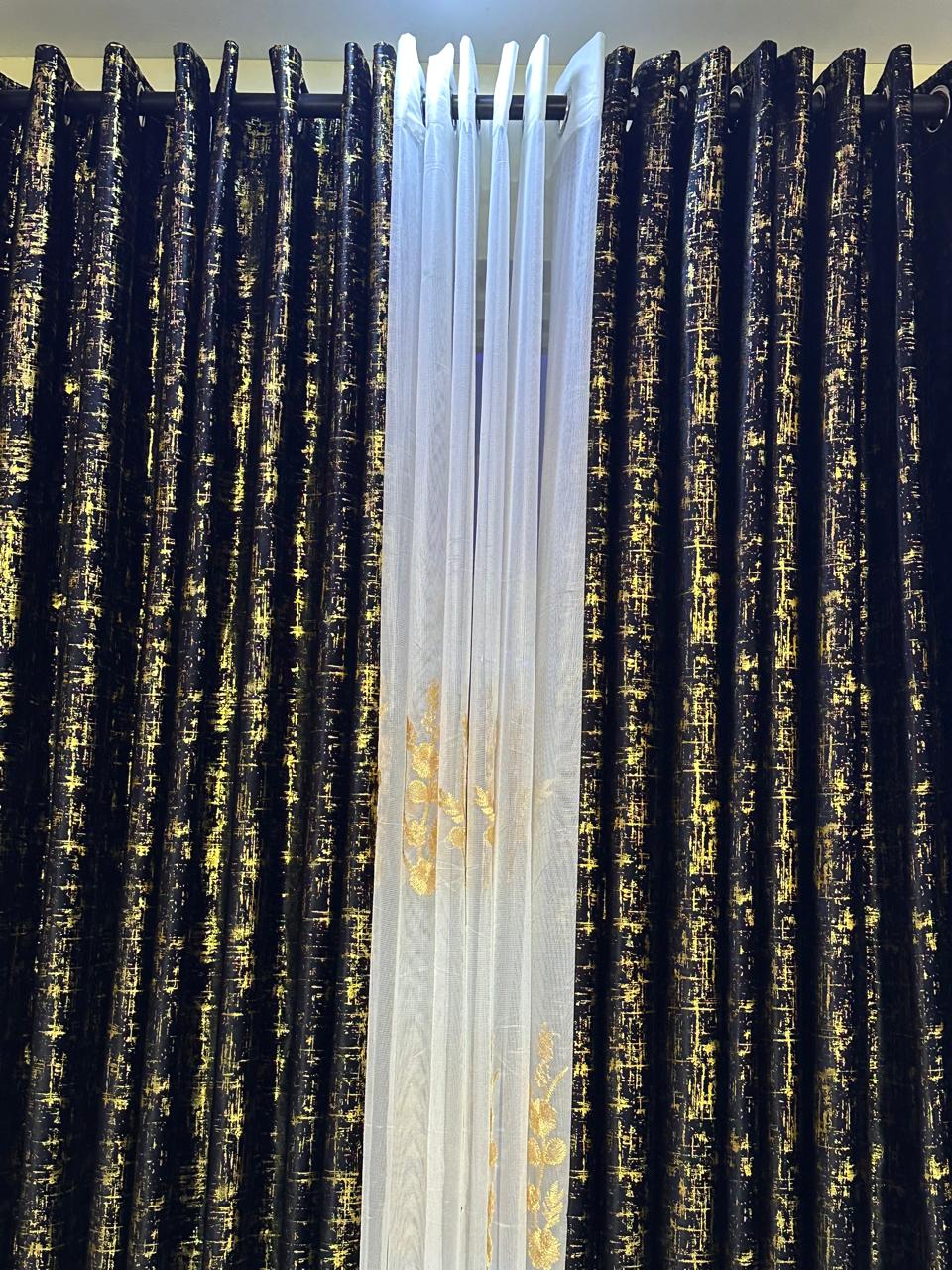 *3 pc Velvet Curtains(Thunder Effect)* 
▪️ 2 Curtains 1.5 m each
▪️1 Sheer-3 m
▪️Height-2.5m
 *Available in* 

It has a smooth soft feel. This you will love.