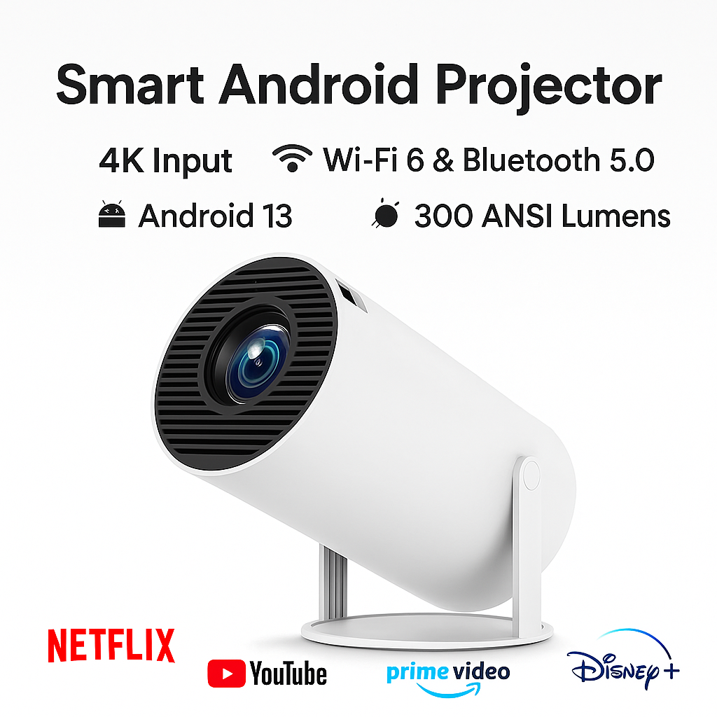 HY300 Pro Android Projector – Android 13, 4K Input, 300 ANSI Lumens, WiFi 6, Bluetooth 5.0, Smart Mini Home Cinema, Netflix & YouTube Ready