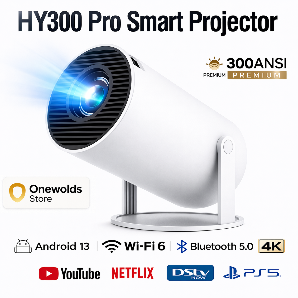 HY300 Pro Android Projector – Android 13, 4K Input, 300 ANSI Lumens, WiFi 6, Bluetooth 5.0, Smart Mini Home Cinema, Netflix & YouTube Ready