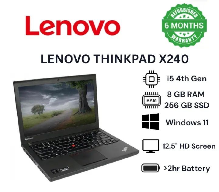 (SPECIAL OFFER) LENOVO ThinkPad X240 Intel Core i5 8GB RAM + 256GB SSD Storage Refurbished Laptop 12.5’’ Inches HD Screen Display Installed Windows 11 Pro Laptops Office Computer