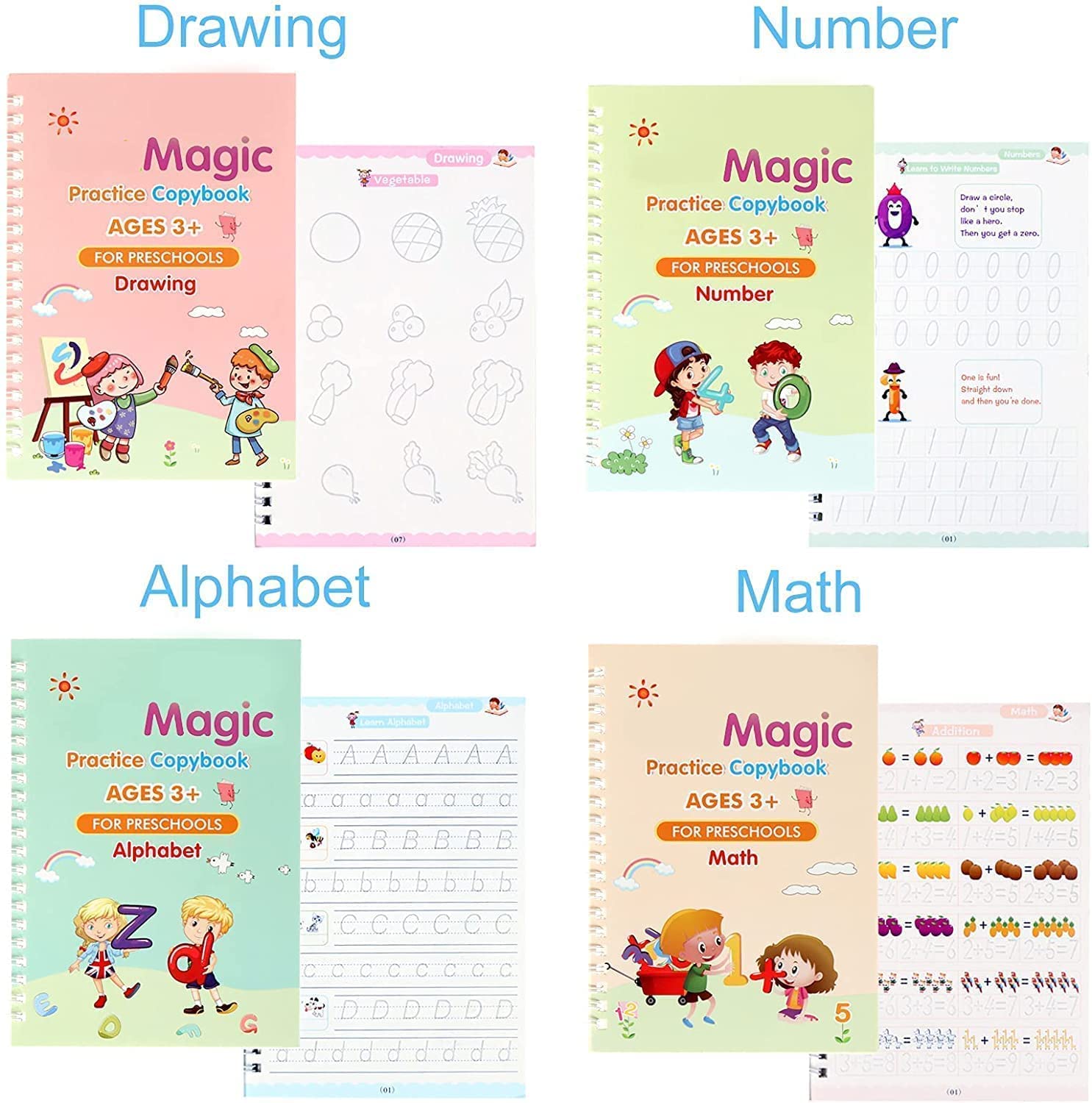 Magic Practice Copybook E BOOK (4 Books,1 Pen and 5 Refills)Number Tracing Book for Preschoolers with Pen, Magic Calligraphy Copybook Set Practical Reusable Writing Tool Simple Hand