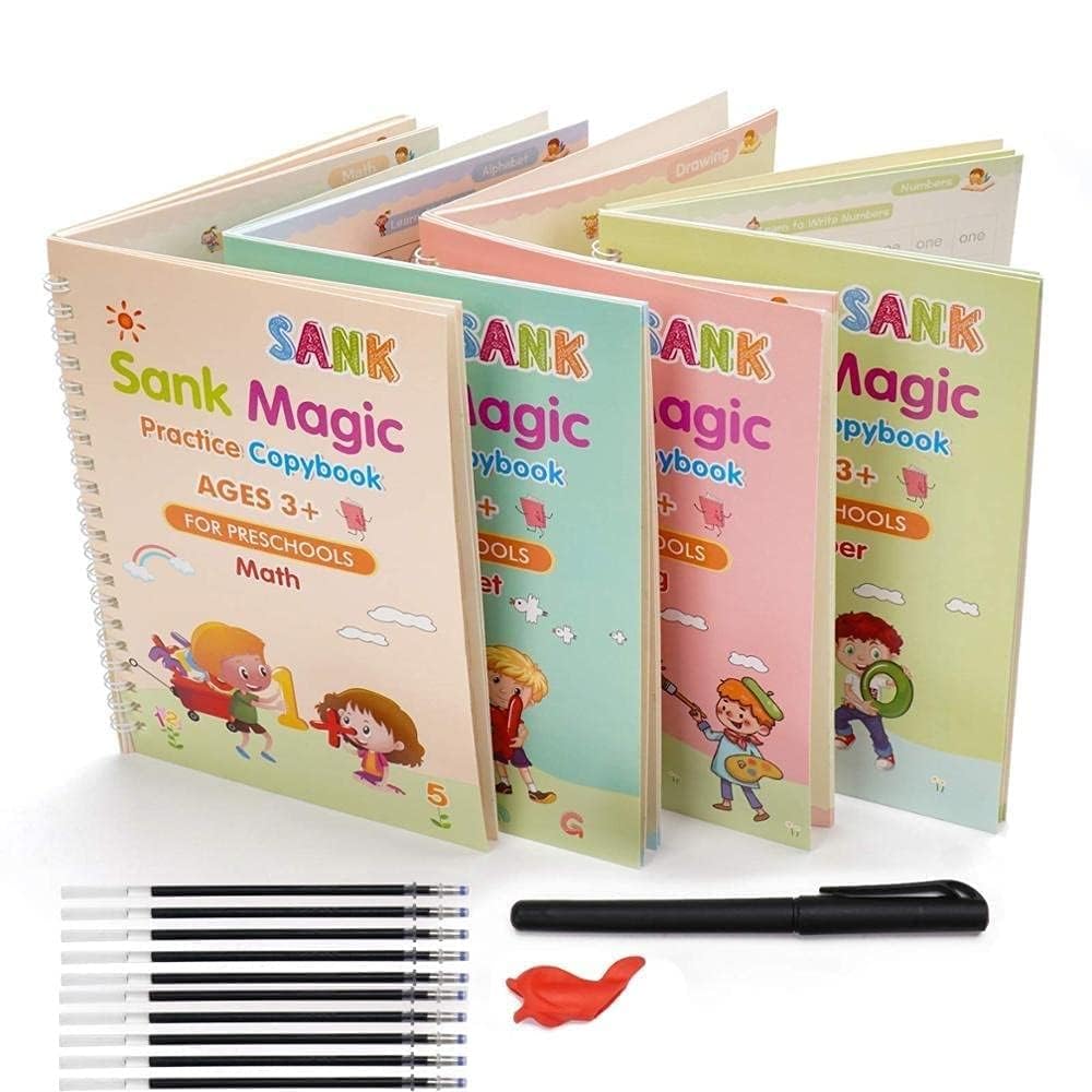 Magic Practice Copybook E BOOK (4 Books,1 Pen and 5 Refills)Number Tracing Book for Preschoolers with Pen, Magic Calligraphy Copybook Set Practical Reusable Writing Tool Simple Hand