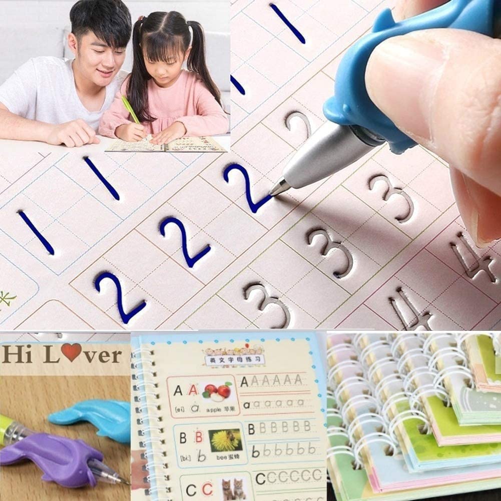 Magic Practice Copybook E BOOK (4 Books,1 Pen and 5 Refills)Number Tracing Book for Preschoolers with Pen, Magic Calligraphy Copybook Set Practical Reusable Writing Tool Simple Hand