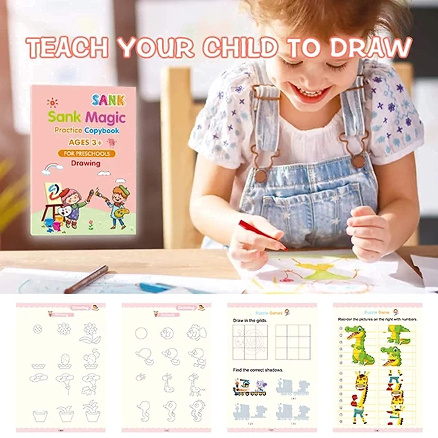Magic Practice Copybook E BOOK (4 Books,1 Pen and 5 Refills)Number Tracing Book for Preschoolers with Pen, Magic Calligraphy Copybook Set Practical Reusable Writing Tool Simple Hand