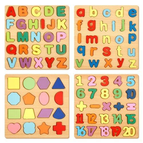 4 In 1 Montessori Toddler Puzzles Colorful Alphabet Number Shapes Puzzles ABC Puzzle Toy For Age 3-5 Boys And Girls