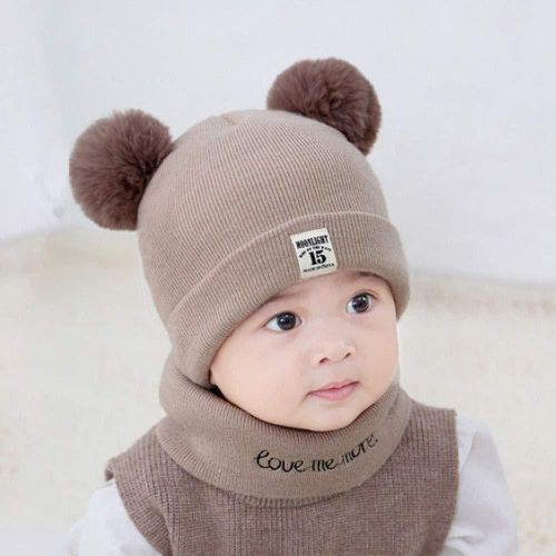 Toddler Baby Boy And Girl Beanie Hat Neck Gaiter Knit Winter Cold Weather Set for Age 0 - 5 years Child Warm Knitted Hat Scarf (1 Scarf And 1 Hat) - Brown