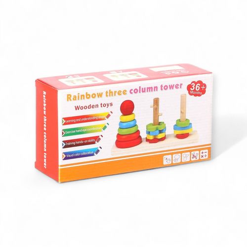 Rainbow Three Column Wooden Tower designed for children aged 36 months and above.
