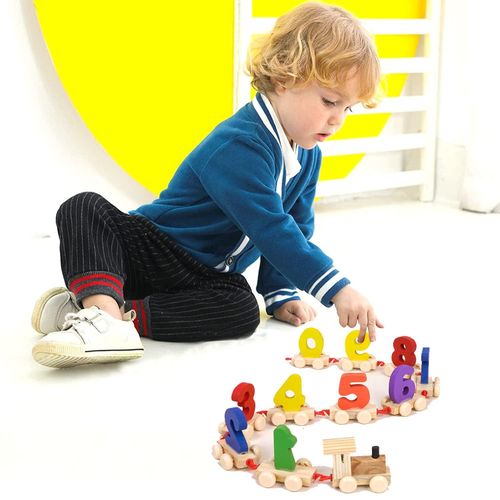 Handicraft Wooden Numeric Puzzle Train for Kids Digits Number 0 to 9 Wooden Number Train for Early Educational Kids
