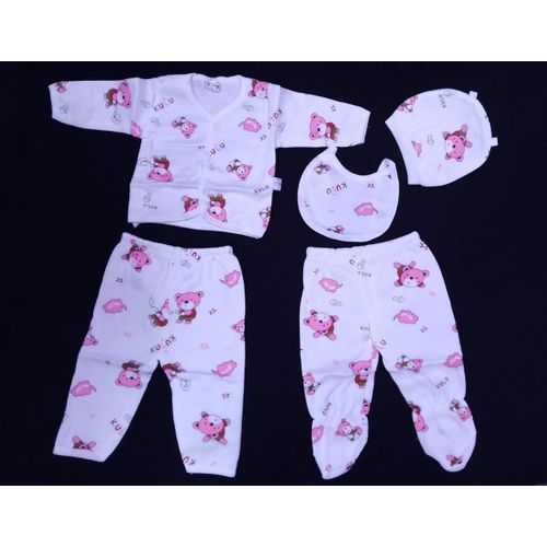 5-in-1 Newborn Baby Clothing Set – Soft Cotton Outfit with Hat, Bib, long-sleeved top & 2 Pants | Blue Heart Print Unisex Set for Infants (0–6 Months)