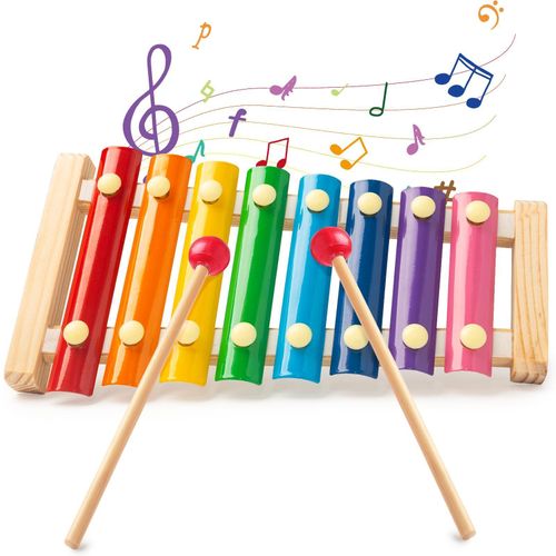 Wooden Xylophone Musical Toy for 3 years + Kids, 8 Rainbow Coloured Keys, Educational Musical Instrument with 2 Mallets