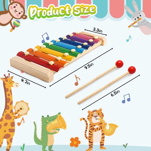 Wooden Xylophone Musical Toy for 3 years + Kids, 8 Rainbow Coloured Keys, Educational Musical Instrument with 2 Mallets