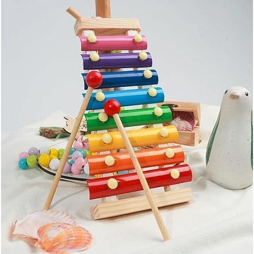 Wooden Xylophone Musical Toy for 3 years + Kids, 8 Rainbow Coloured Keys, Educational Musical Instrument with 2 Mallets