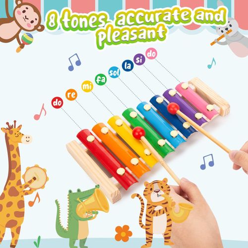 Wooden Xylophone Musical Toy for 3 years + Kids, 8 Rainbow Coloured Keys, Educational Musical Instrument with 2 Mallets