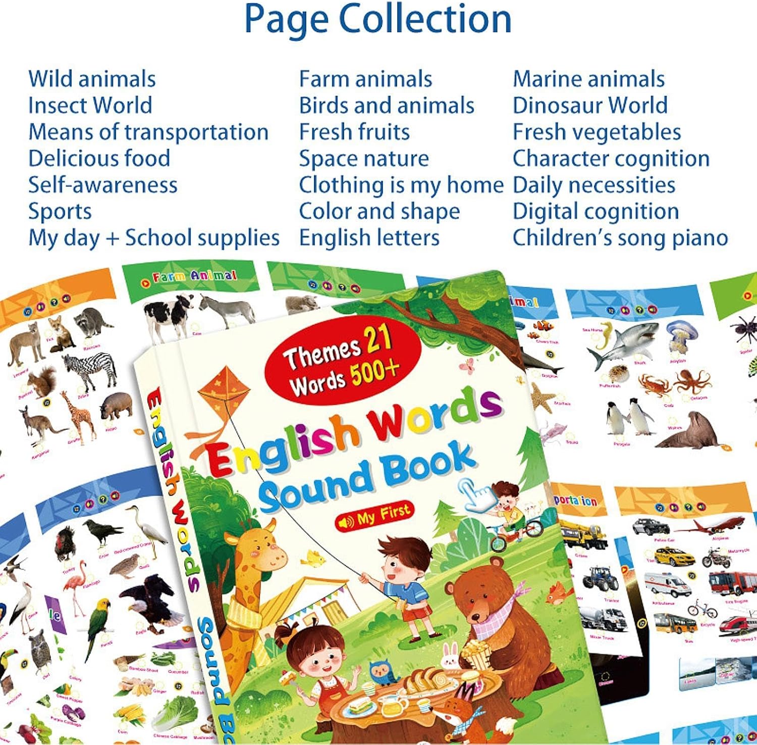 First English Words Sound Book Talking Book with 500+ Words 21 Themes USB Rechargeable Educational Toy for Kids 2-10 Years