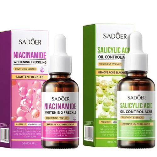 Sadoer 2 in 1 Niacinamide Brightening Essence & Salicylic Acid Acne Treatment Dual Skincare Set for Freckles, Oil Control, Blackhead Removal & Youthful Glow