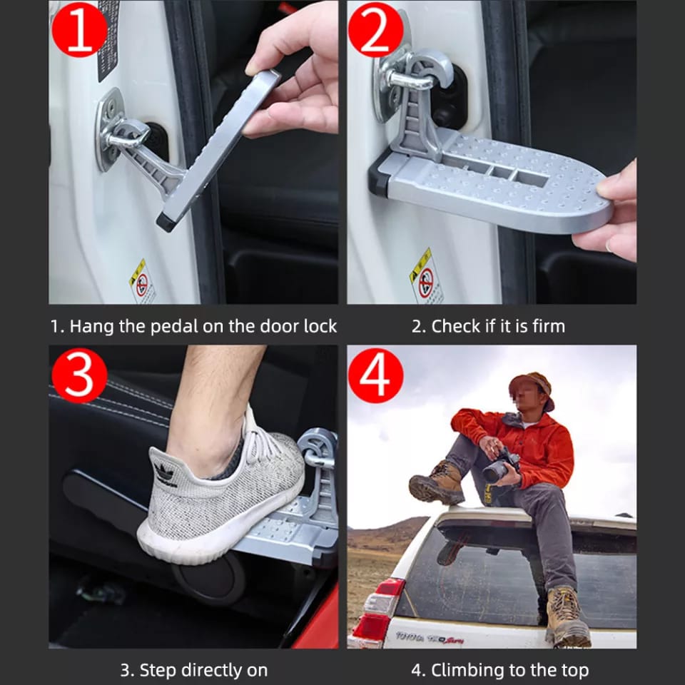 Foldable Car Roof Rack Step Car Door Step Multifunction Universal Latch Hook Auxiliary Foot Pedal Aluminium Alloy Safety Hammer to step safely as you climb your car roof without sliding or falling off