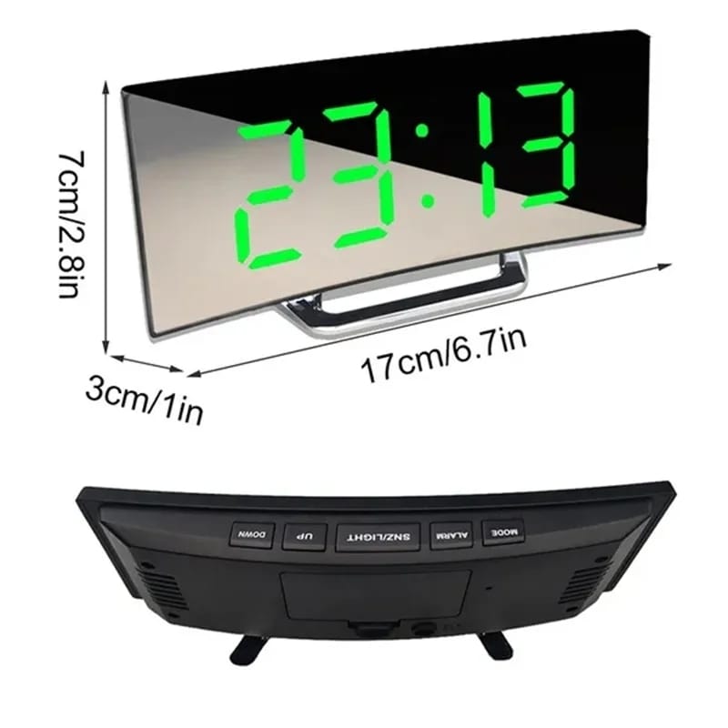 Digital Alarm Clock Bedside, LED Bedside Clock with 7" Curved Screen, Snooze, USB Charging Port and battery powered, for Heavy Sleepers, Travel clock, 12/24 Hour system